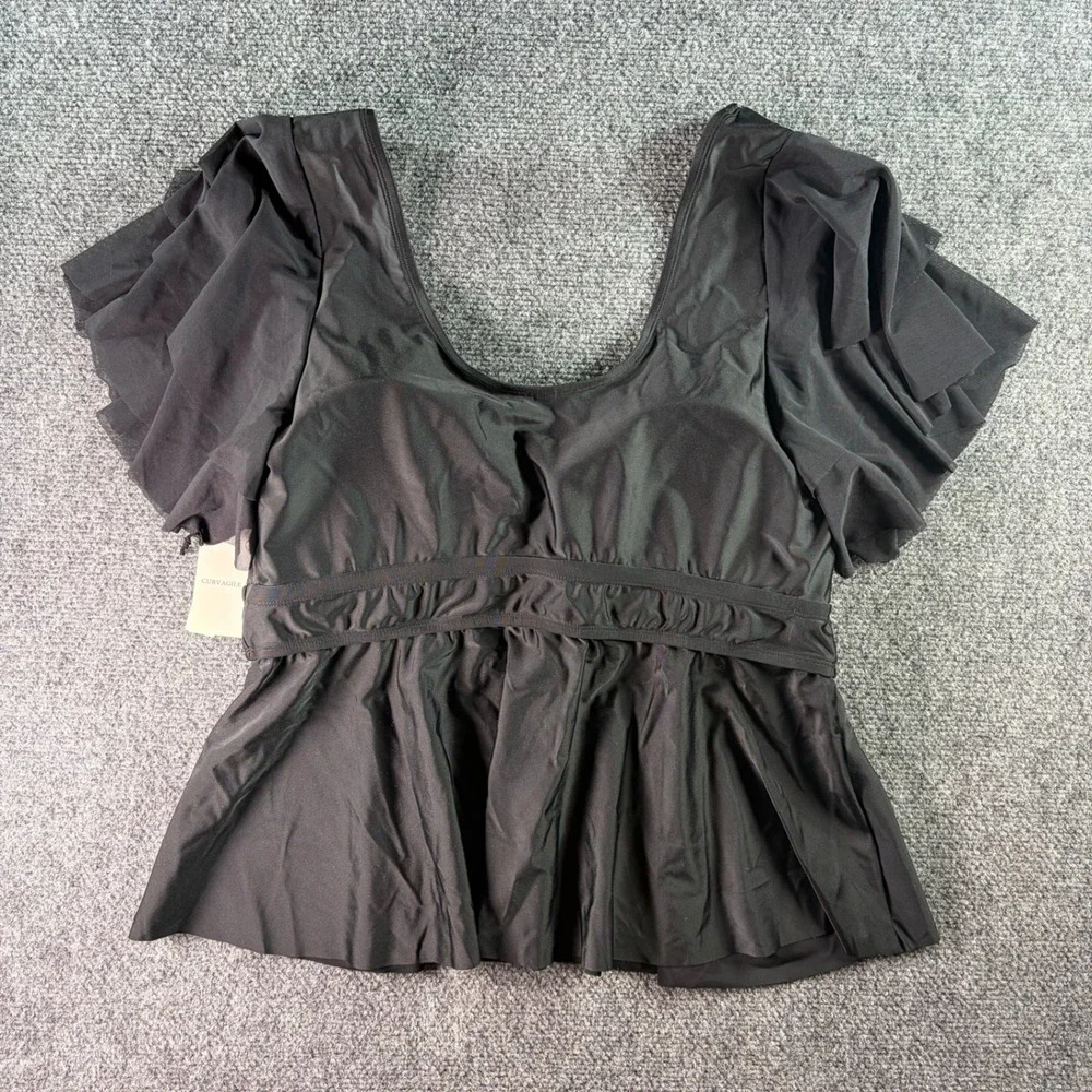 Curvagile Swim Top Women Size 1 Black Ruffle Sleeve Peplum Tankini NWT Plus Size